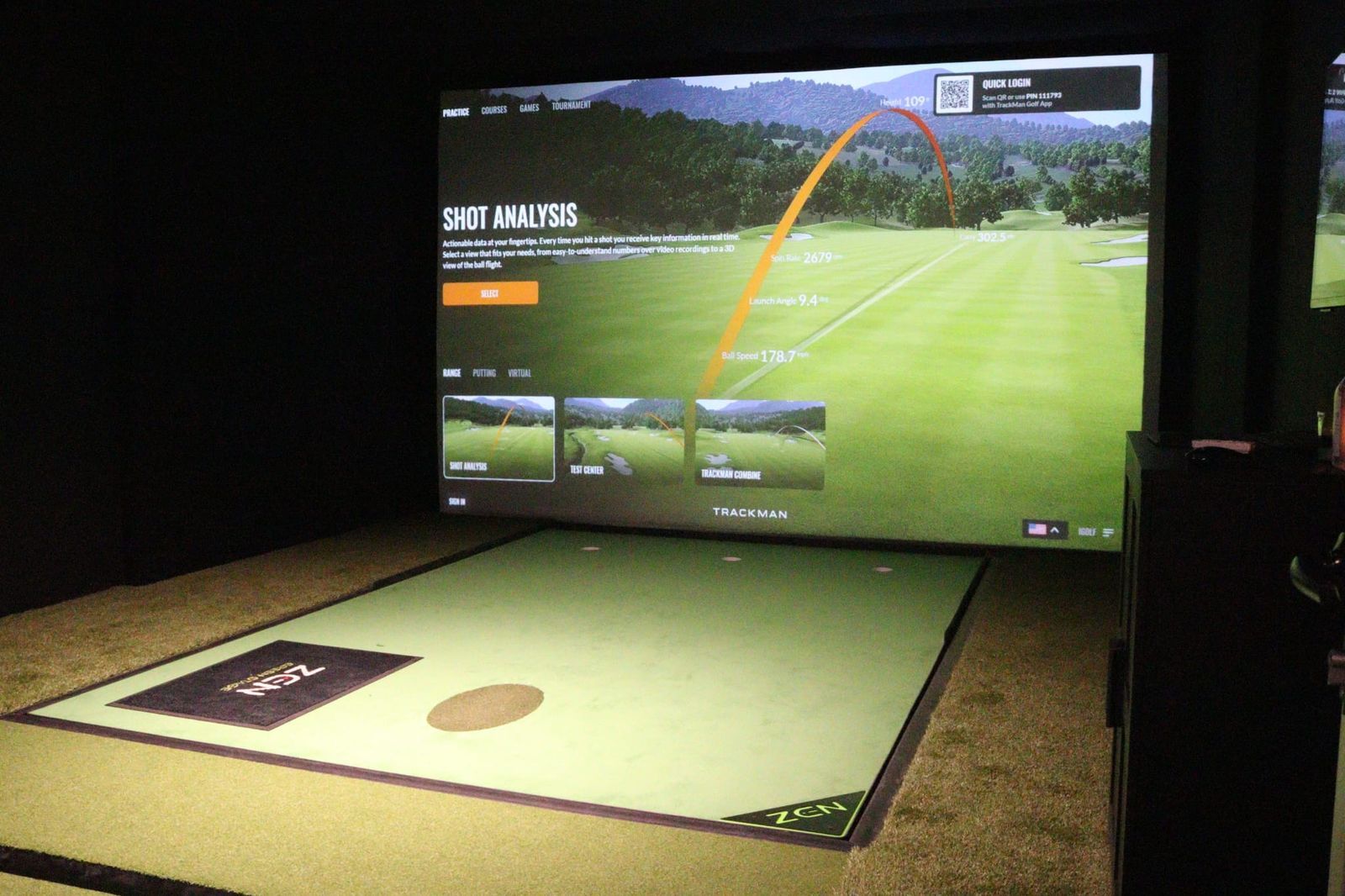 Trackman bay with shot analysis on the screen